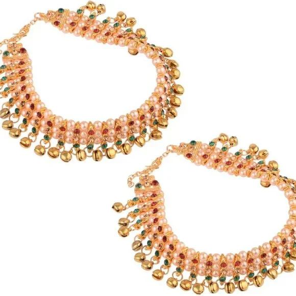 Indian Bridal Anklet Set Pearl Ghungroo Jhanjari Traditional Gold Copper